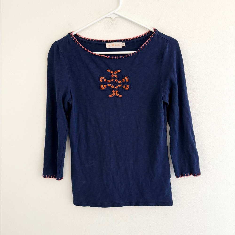 Tory Burch Jayda Navy Sea Embroidered Beaded 3/4th Sleeve Top Small